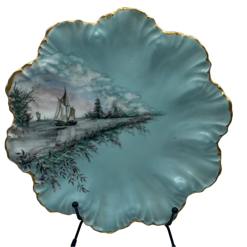 VTG Limoges AL Depose Porcelain Plate Teal Scallop Sailboats Gold Trim 9"